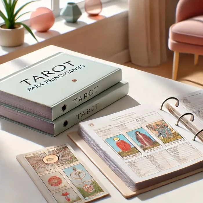 Imagen que muestra material de estudio para un curso de tarot dirigido a principiantes, con cartas y libros en un ambiente de aprendizaje.
