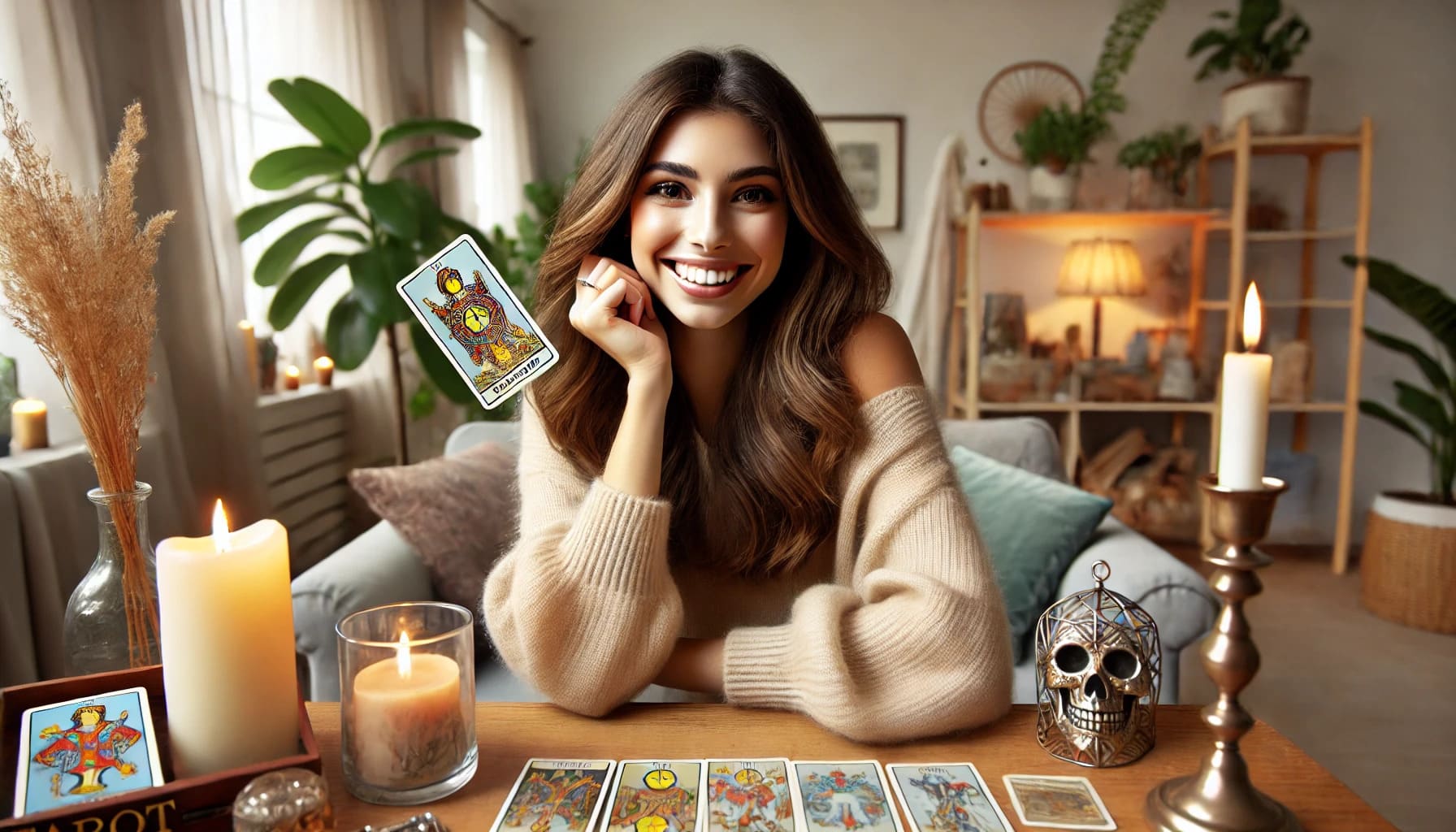 Joven mujer sonriente sosteniendo una carta de tarot, rodeada de velas y plantas en una habitación acogedora, mostrando confianza y claridad tras completar un curso de tarot.