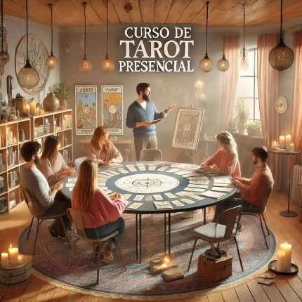 Grupo de jóvenes mujeres sentadas alrededor de una mesa, aprendiendo tarot en una sala luminosa y moderna, rodeadas de velas, libros y cartas de tarot en un ambiente de crecimiento personal y reflexión.