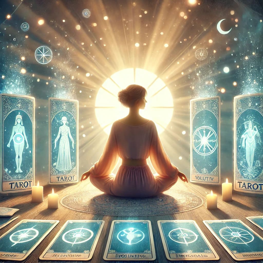 Imagen de cartas de tarot y elementos espirituales, representando el uso del tarot evolutivo para liberar bloqueos emocionales y energéticos.