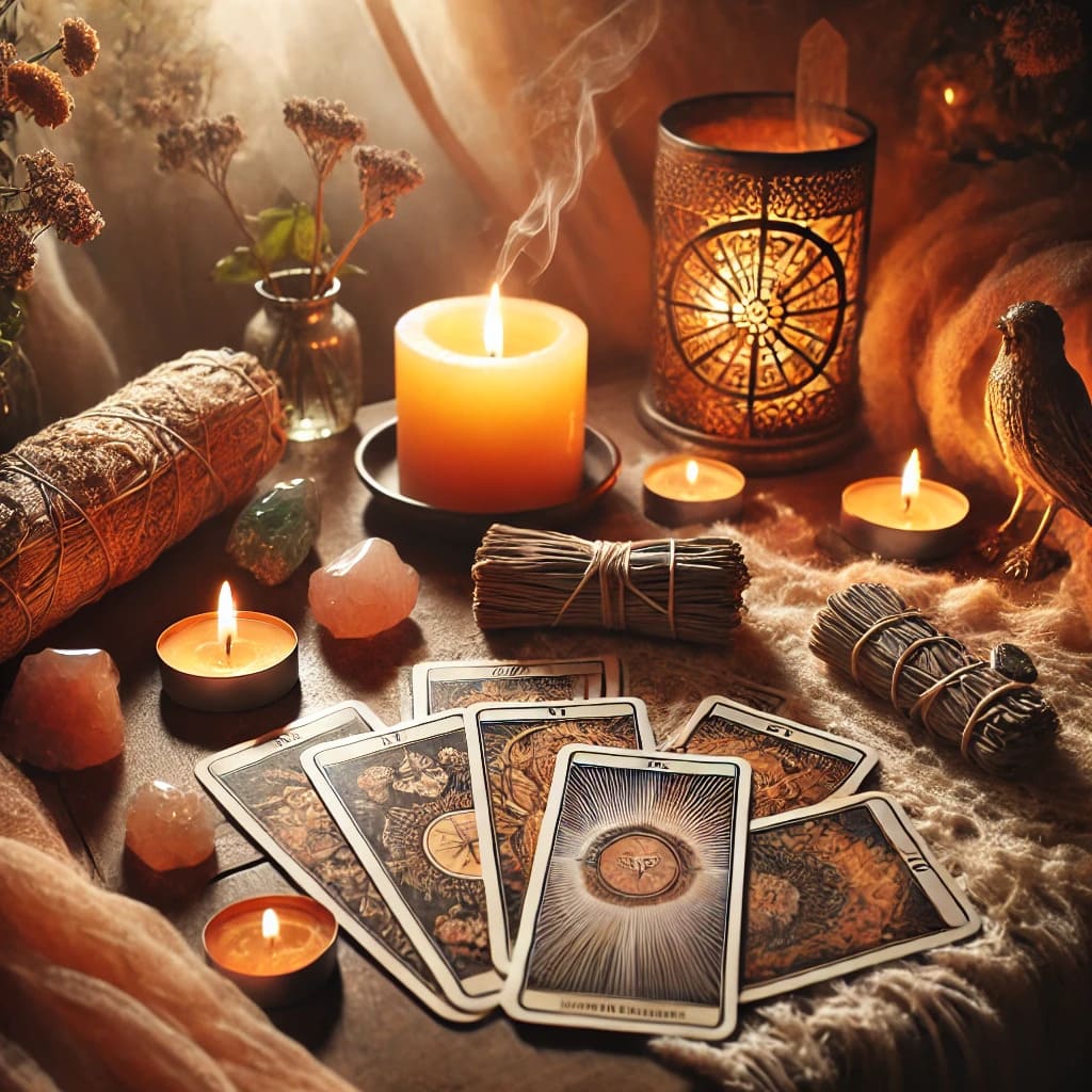 Escena espiritual con una mesa de tarot, cartas esparcidas, cristales y velas encendidas, creando un ambiente de sanación e introspección